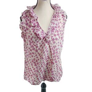 LOFT Blouse Pink Ruffled Animal Print Flutter Sleeve V Neck Womens Size M